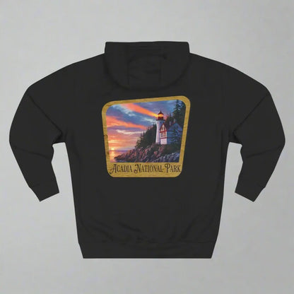 Acadia National Park Fleece Hoodie Scenic Coastal Graphic Wooden Mountain Sign - Park Service Apparel