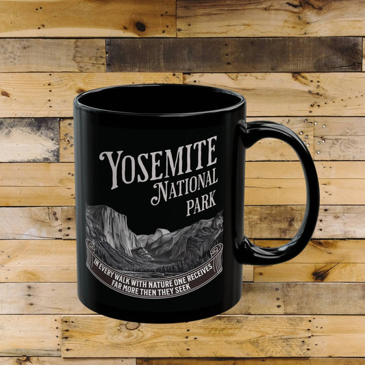 Yosemite National Park Rustic Scenic Ceramic Black Mug (11oz, 15oz) Muir Nature Printify