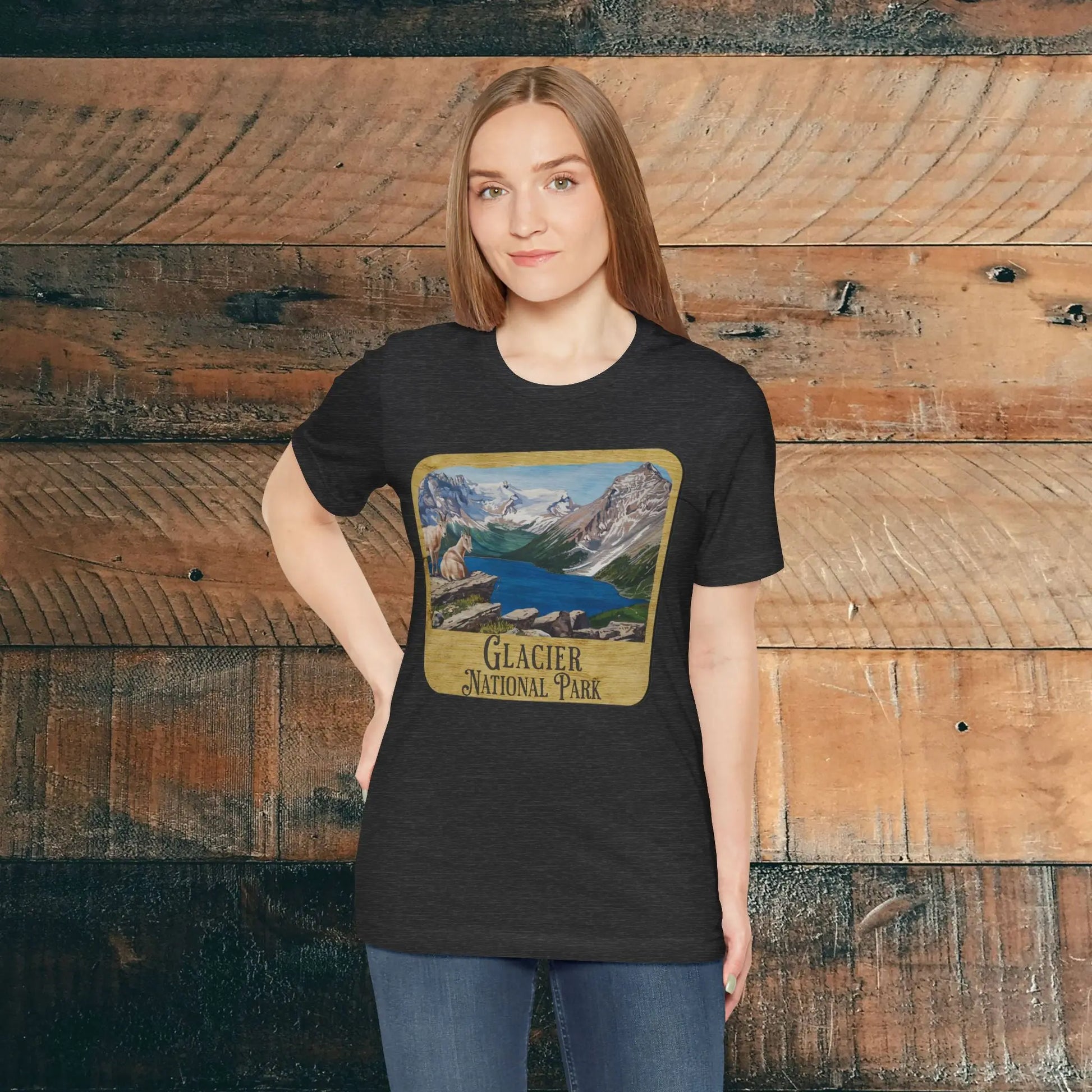 Glacier National Park Unisex Fit Short Sleeve T-Shirt Wood Sign - Park Service Apparel