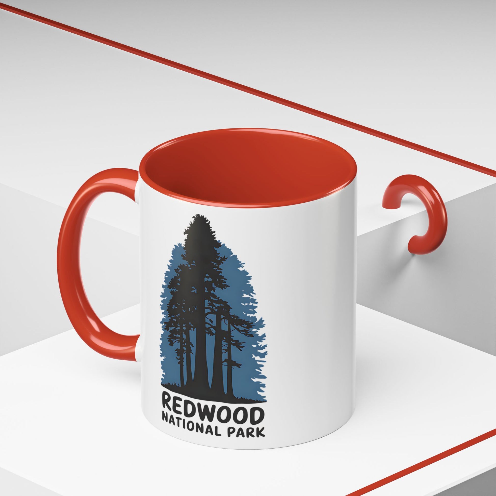 Redwood National Park Accent Coffee Mug 11oz 15oz Shaded Trees Blue Black Pink Red Outdoor Inspired Printify