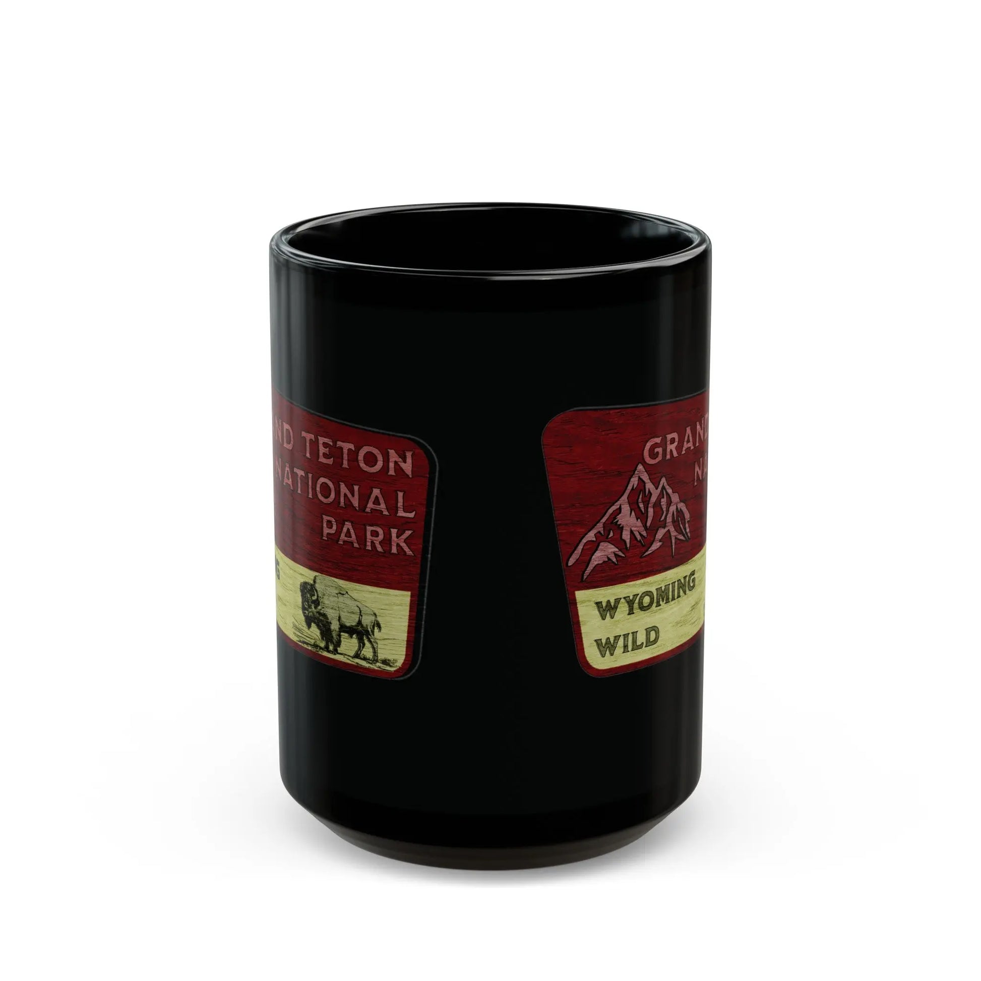 Grand Teton National Park Black Mug (11oz, 15oz) Wyoming Wild Wood Sign Graphic - Park Service Apparel