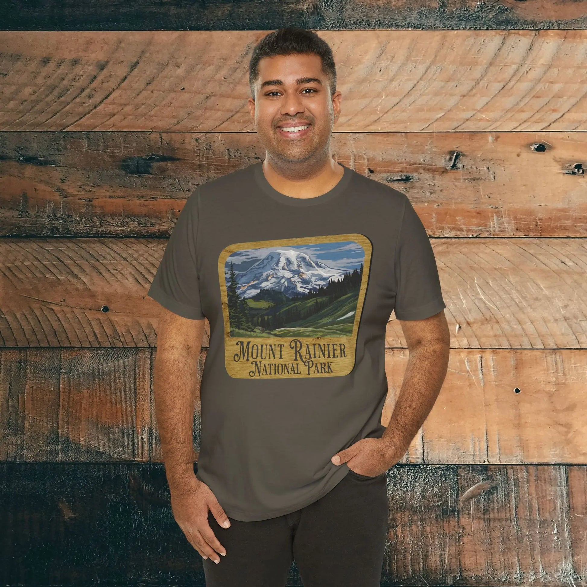 Mount Rainier National Park Unisex Fit Short Sleeve T-Shirt Wood Sign - Park Service Apparel