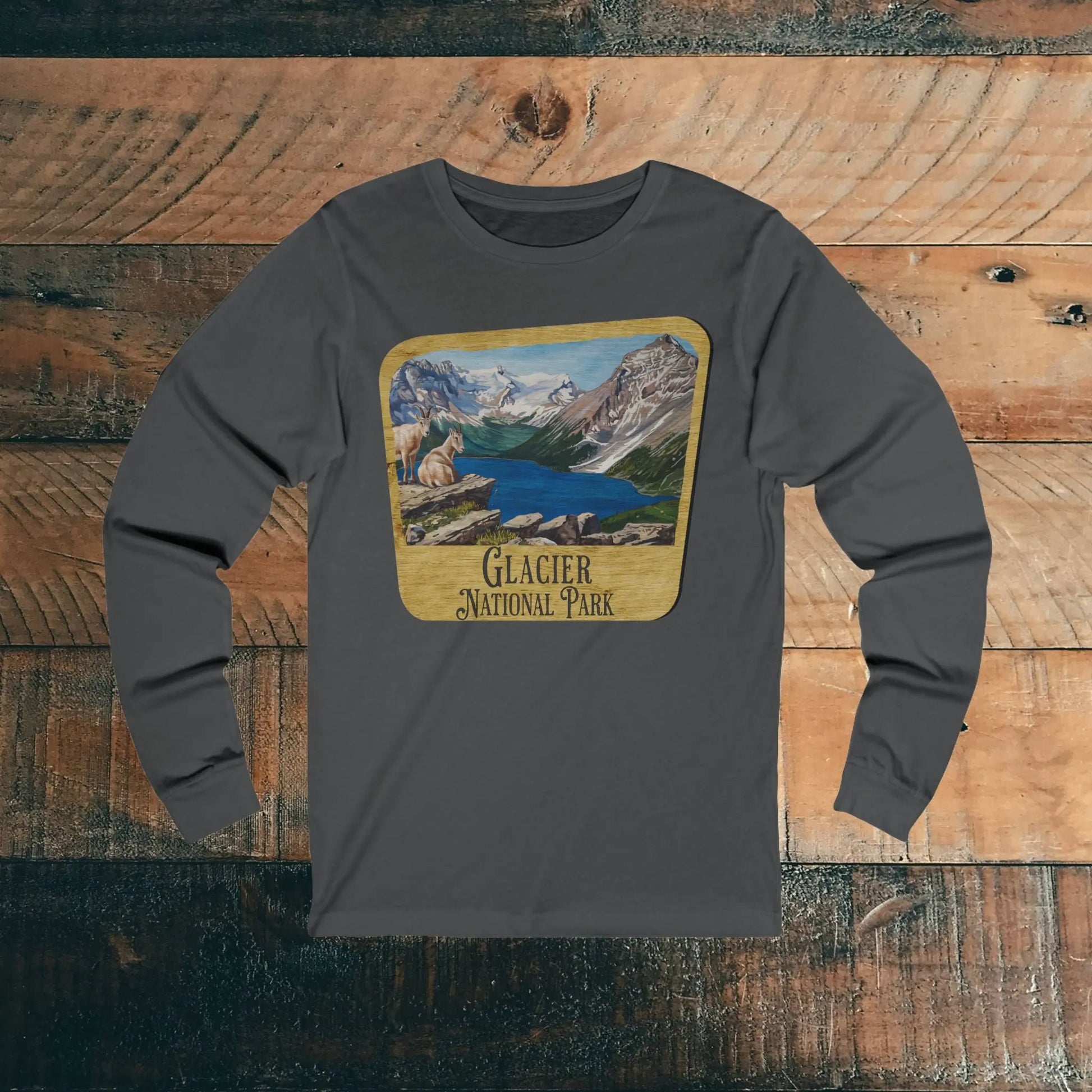 Glacier National Park Unisex Fit Long Sleeve T-Shirt Mountain View Wood Sign - Park Service Apparel