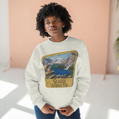 Glacier National Park Unisex Fit Crewneck Sweatshirt Wood Sign Lake View - Park Service Apparel