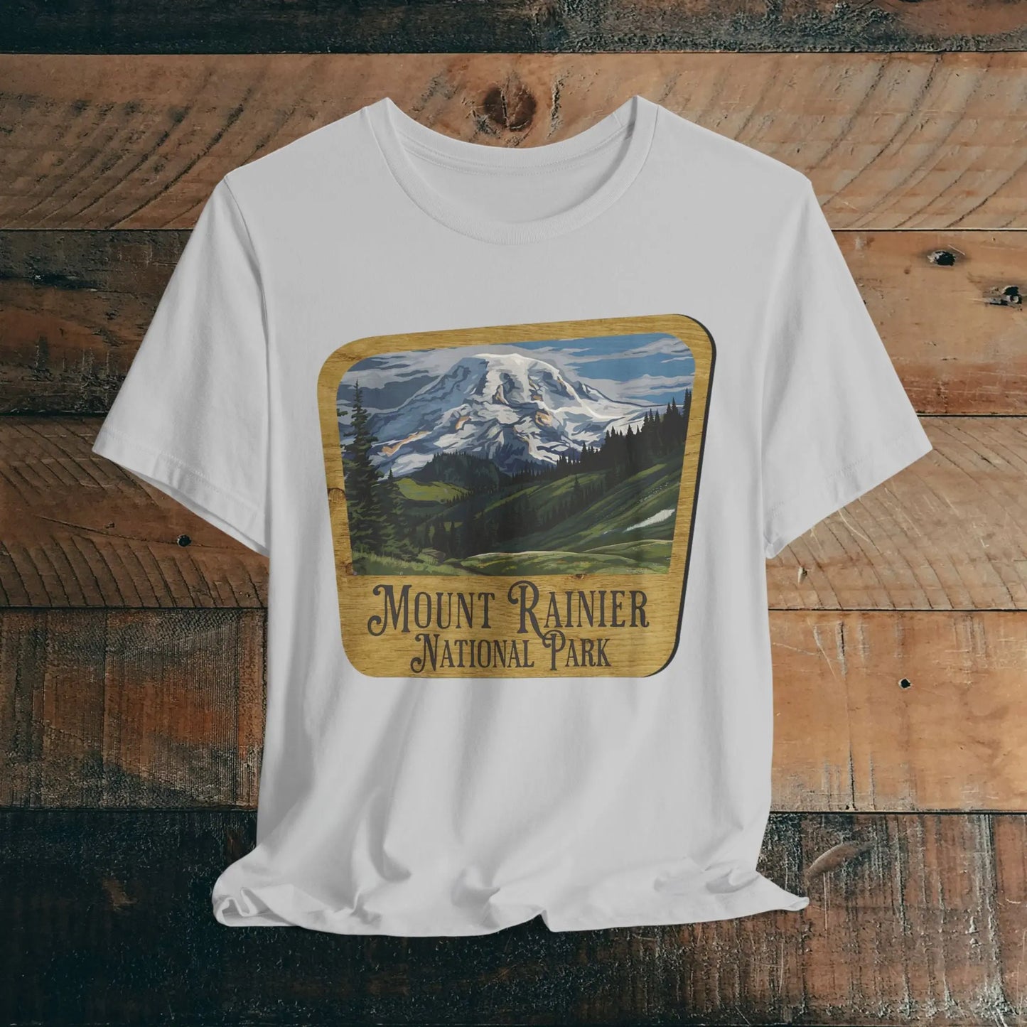 Mount Rainier National Park Unisex Fit Short Sleeve T-Shirt Wood Sign - Park Service Apparel