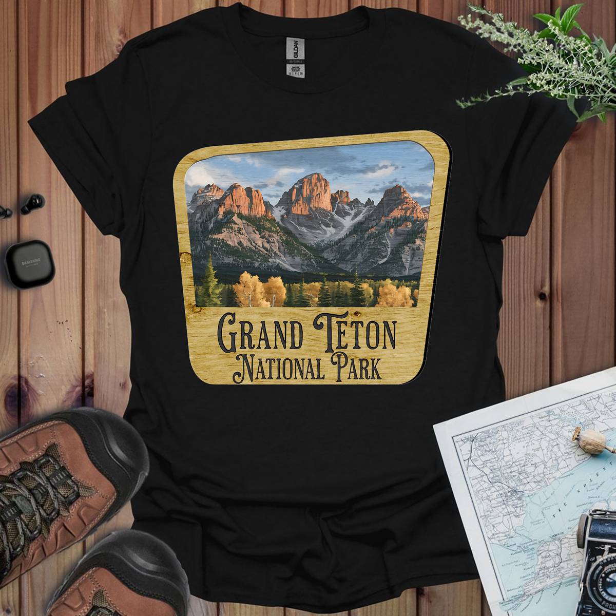 Grand Teton National Park Unisex Fit Soft T-Shirt Wood Sign Printify