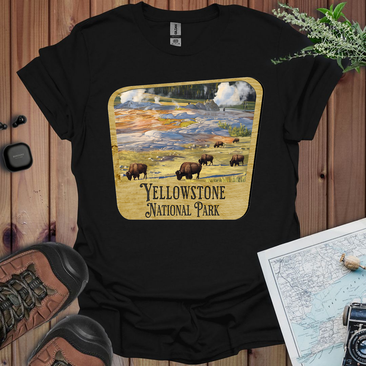 Yellowstone National Park Unisex Fit Soft T-Shirt Wood Sign Printify