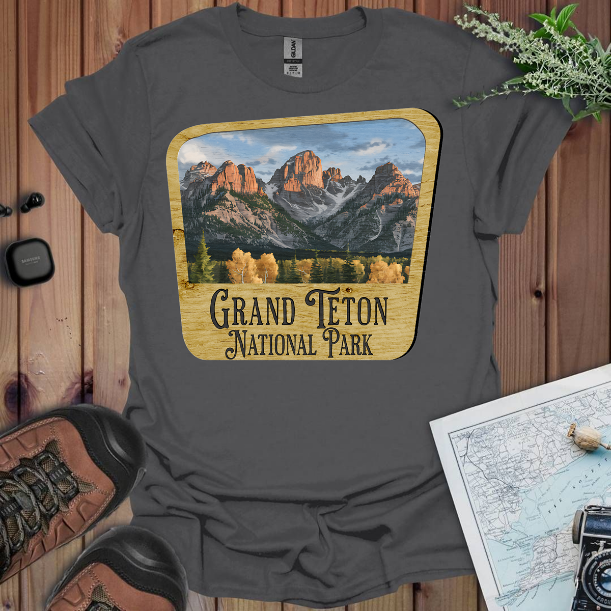 Grand Teton National Park Unisex Fit Soft T-Shirt Wood Sign Printify