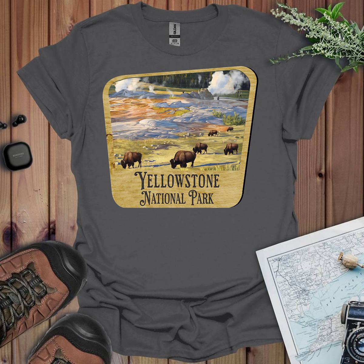 Yellowstone National Park Unisex Fit Soft T-Shirt Wood Sign Printify