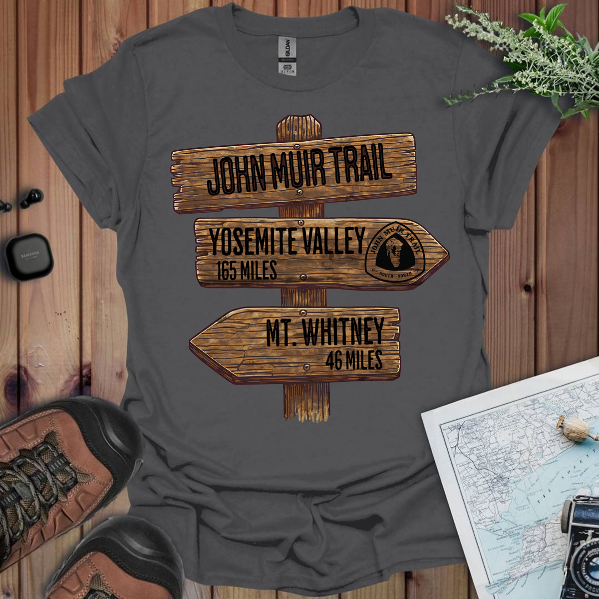 John Muir Trail Unisex Fit Soft T-Shirt Wood Sign 211 Miles Printify