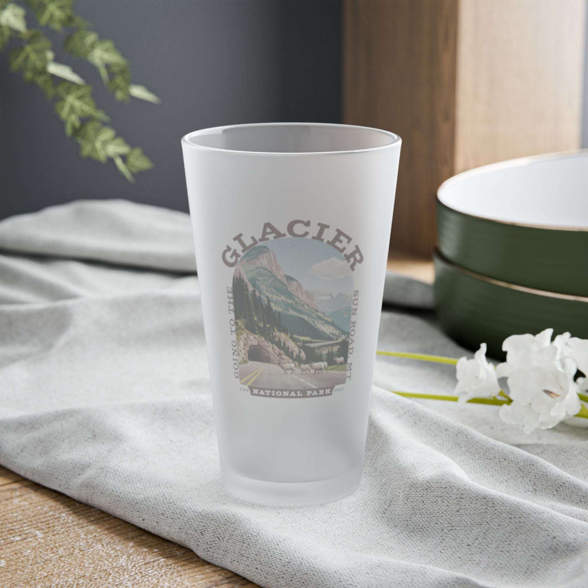 Glacier Going to the sun road Frosted Pint Glass Frosted teelaunch