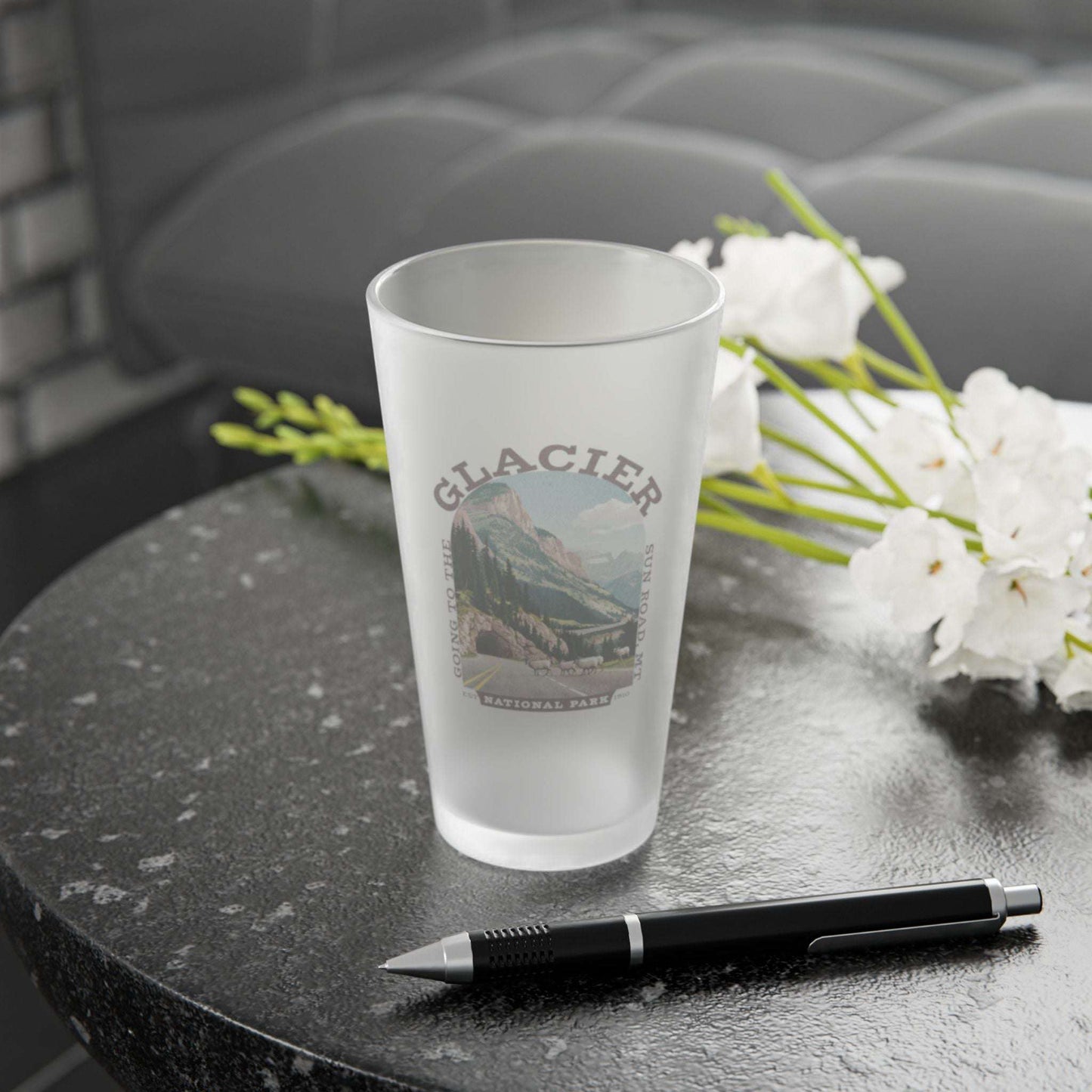 Glacier Going to the sun road Frosted Pint Glass Frosted teelaunch