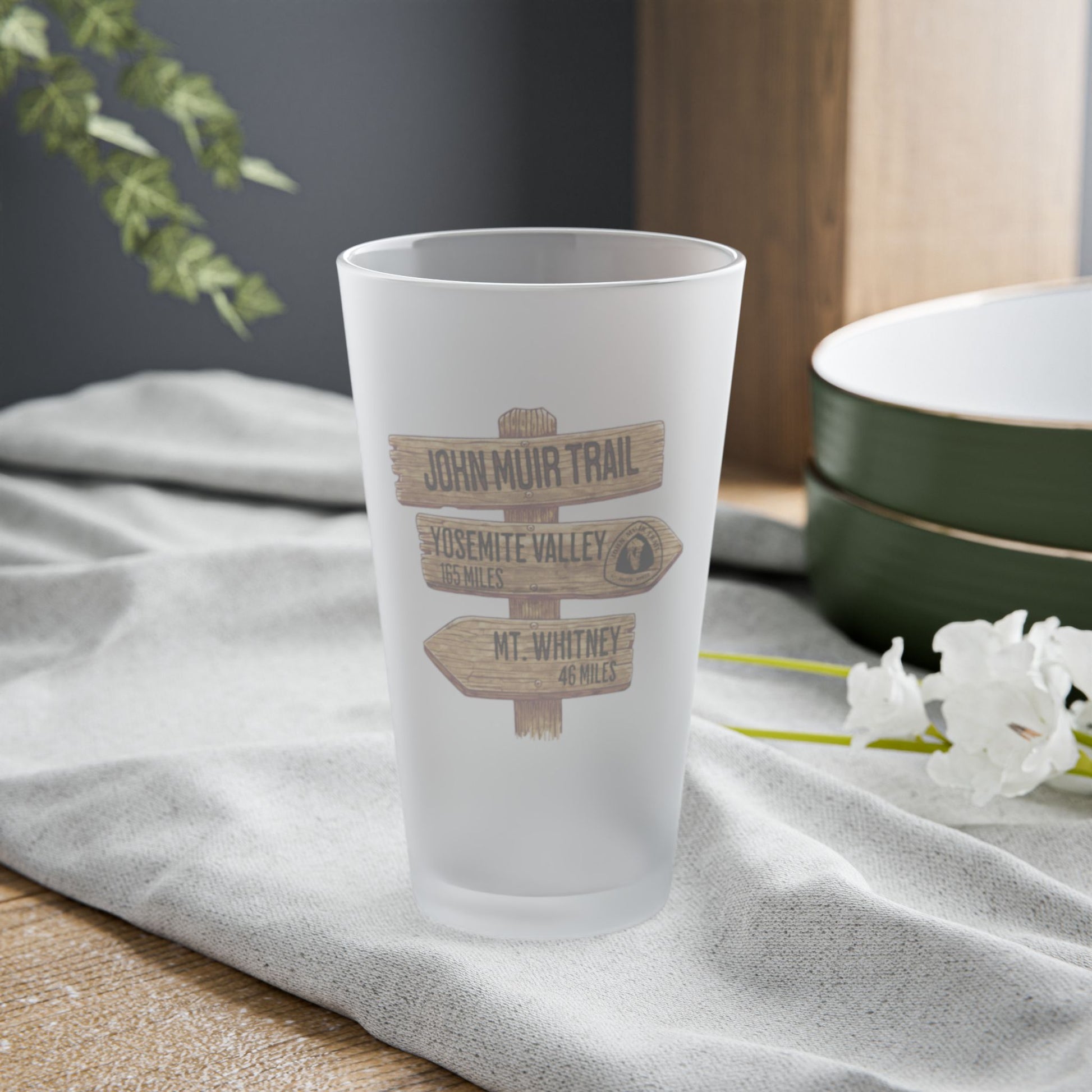 John Muir Trail Wood Milage Sign Frosted Pint Glass teelaunch