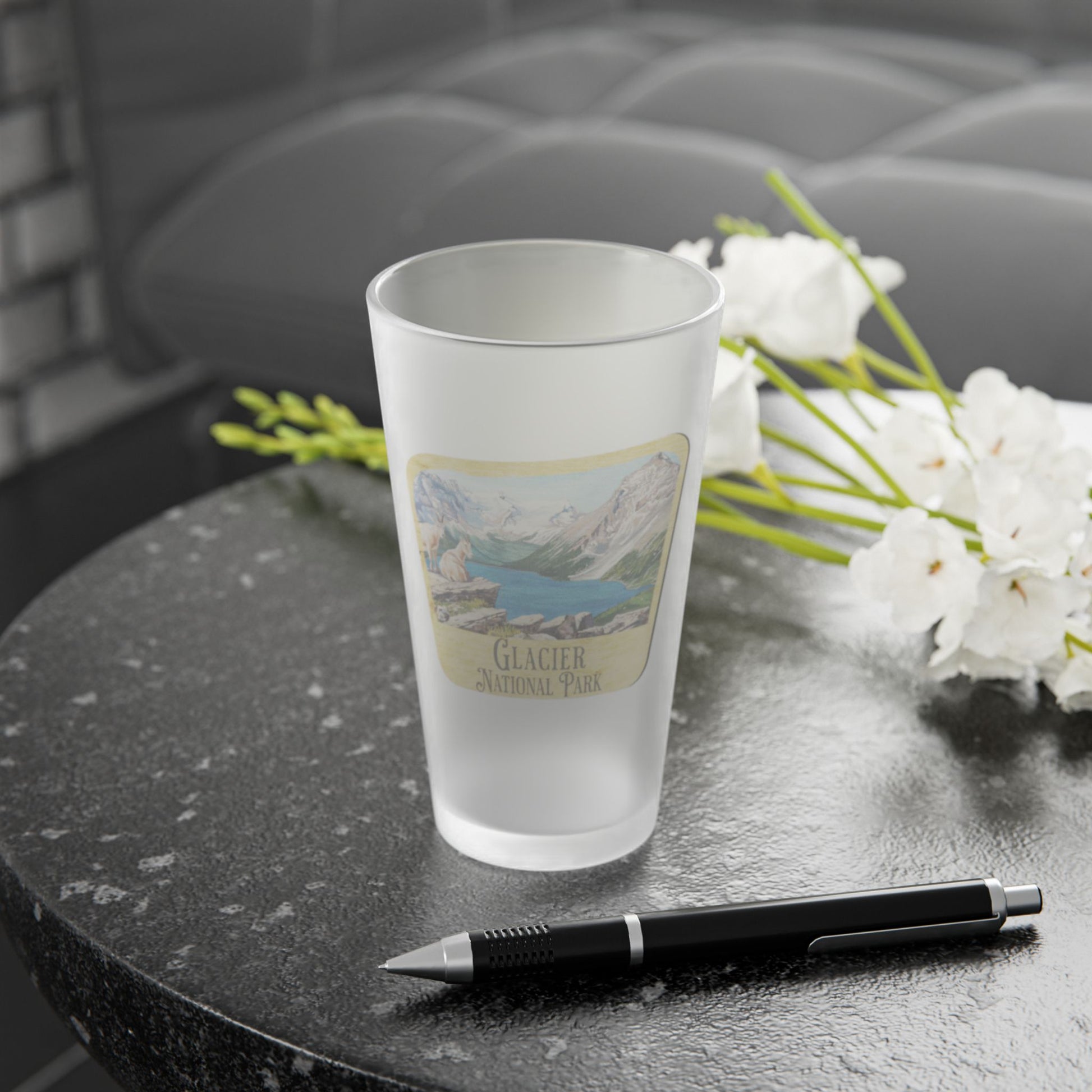Glacier National Park Frosted Pint Glass Wood Sign Graphic teelaunch