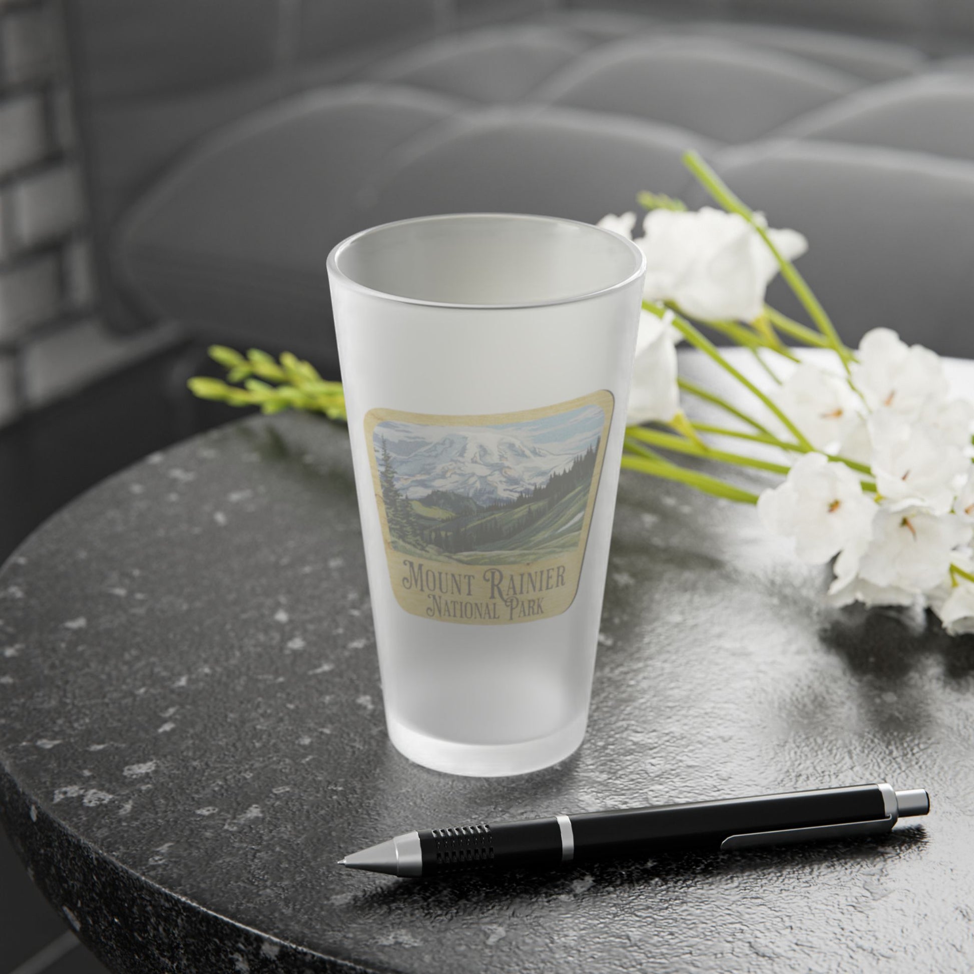 Mount Rainier National Park Frosted Pint Glass Wood Sign Mountain Graphic teelaunch