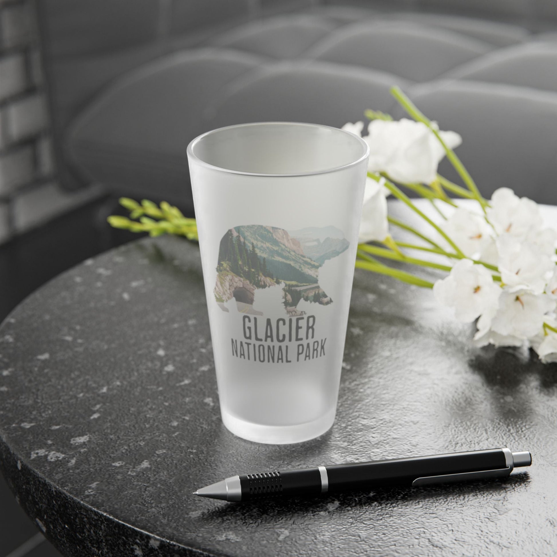 Glacier National Park Grizzly Bear Frosted Pint Glass teelaunch