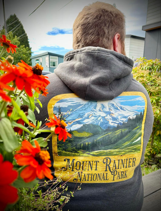 Mount Rainier National Park Fleece Hoodie Unisex Fit Scenic Wooden Mountain Sign