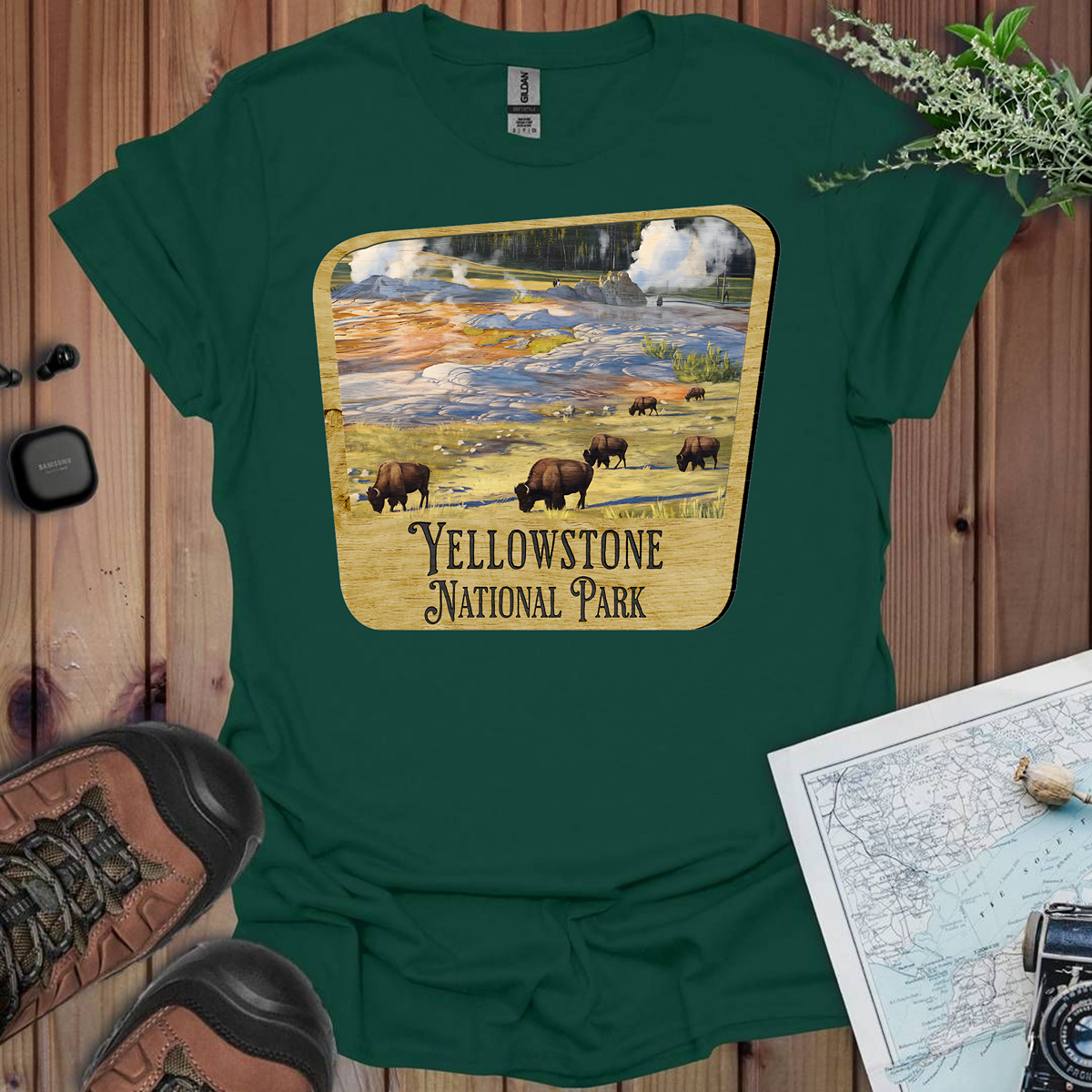 Yellowstone National Park Unisex Fit Soft T-Shirt Wood Sign Printify