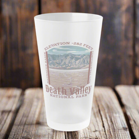 Frosted glass with a graphic of Death Valley National Park on a white background