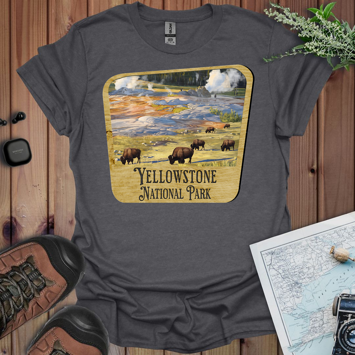 Yellowstone National Park Unisex Fit Soft T-Shirt Wood Sign Printify