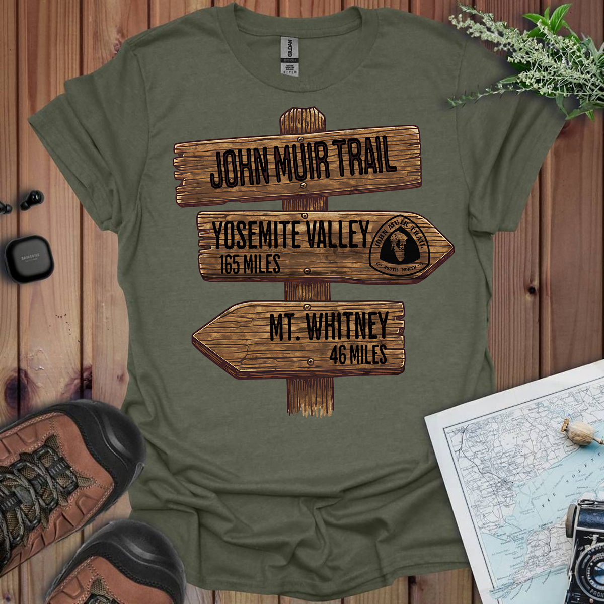 John Muir Trail Unisex Fit Soft T-Shirt Wood Sign 211 Miles Printify