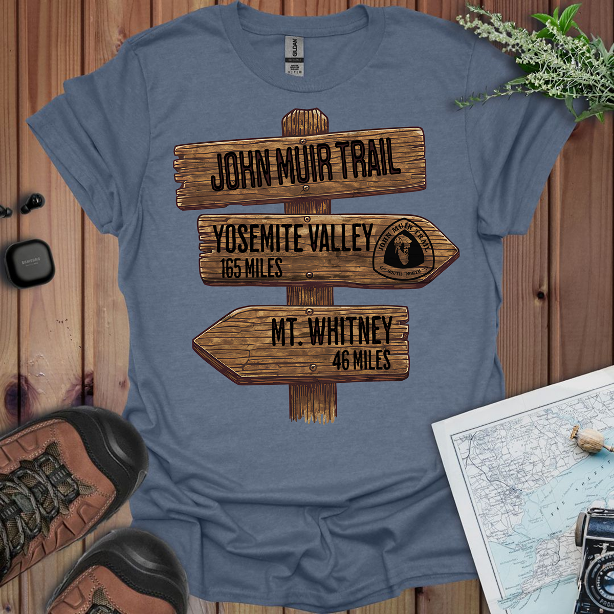 John Muir Trail Unisex Fit Soft T-Shirt Wood Sign 211 Miles Printify