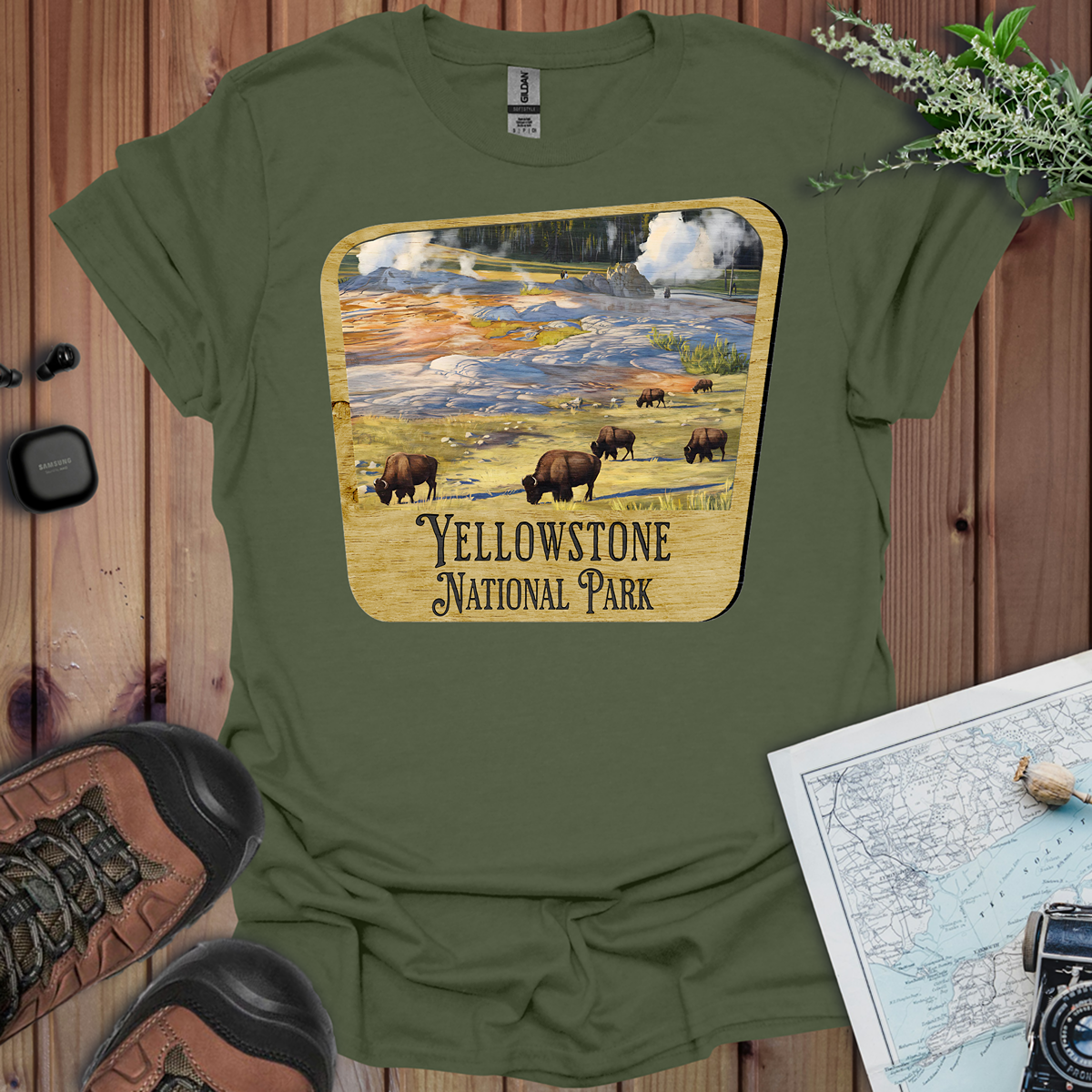 Yellowstone National Park Unisex Fit Soft T-Shirt Wood Sign Printify