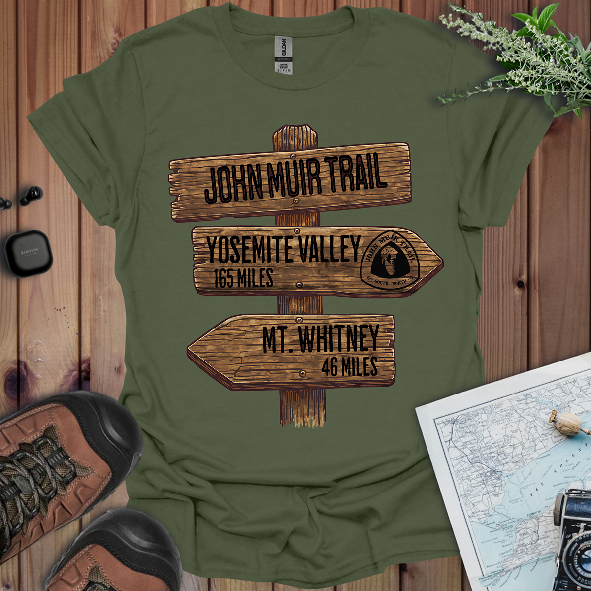 John Muir Trail Unisex Fit Soft T-Shirt Wood Sign 211 Miles Printify