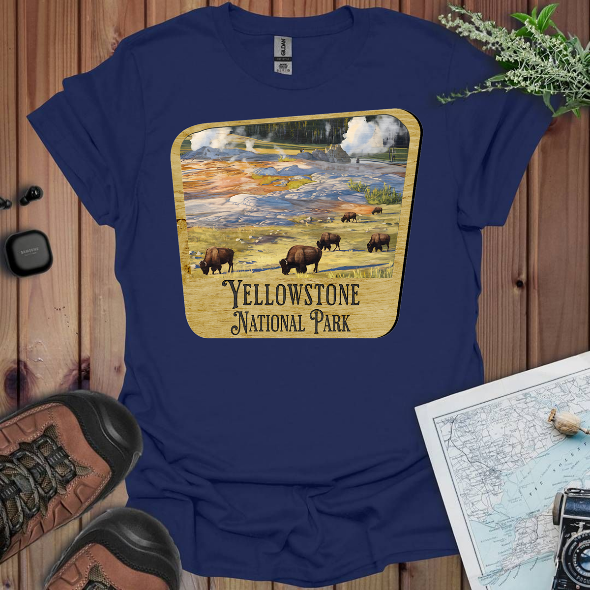 Yellowstone National Park Unisex Fit Soft T-Shirt Wood Sign Printify