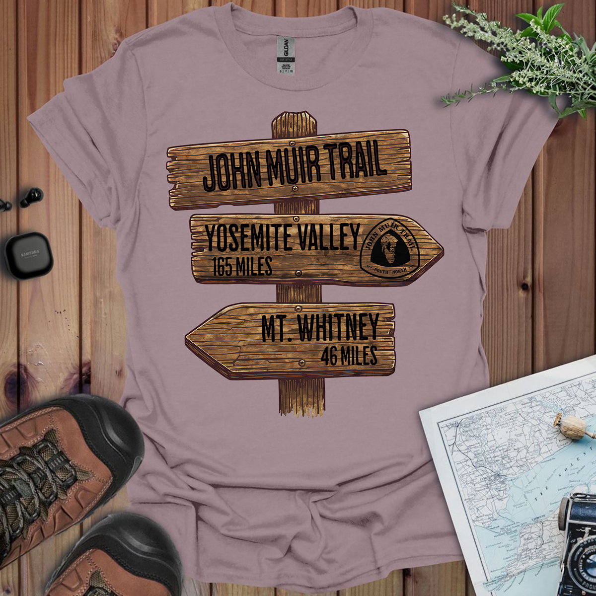 John Muir Trail Unisex Fit Soft T-Shirt Wood Sign 211 Miles Printify