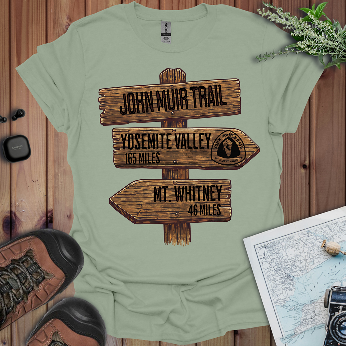 John Muir Trail Unisex Fit Soft T-Shirt Wood Sign 211 Miles Printify
