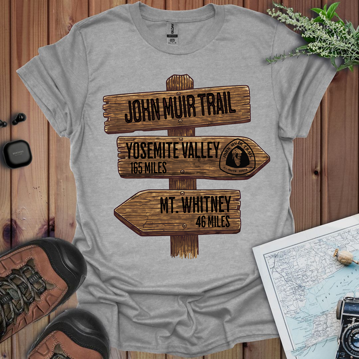 John Muir Trail Unisex Fit Soft T-Shirt Wood Sign 211 Miles Printify
