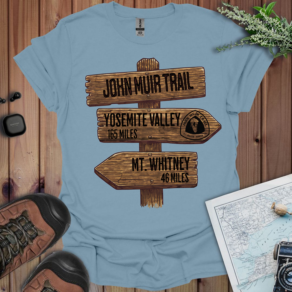 John Muir Trail Unisex Fit Soft T-Shirt Wood Sign 211 Miles Printify