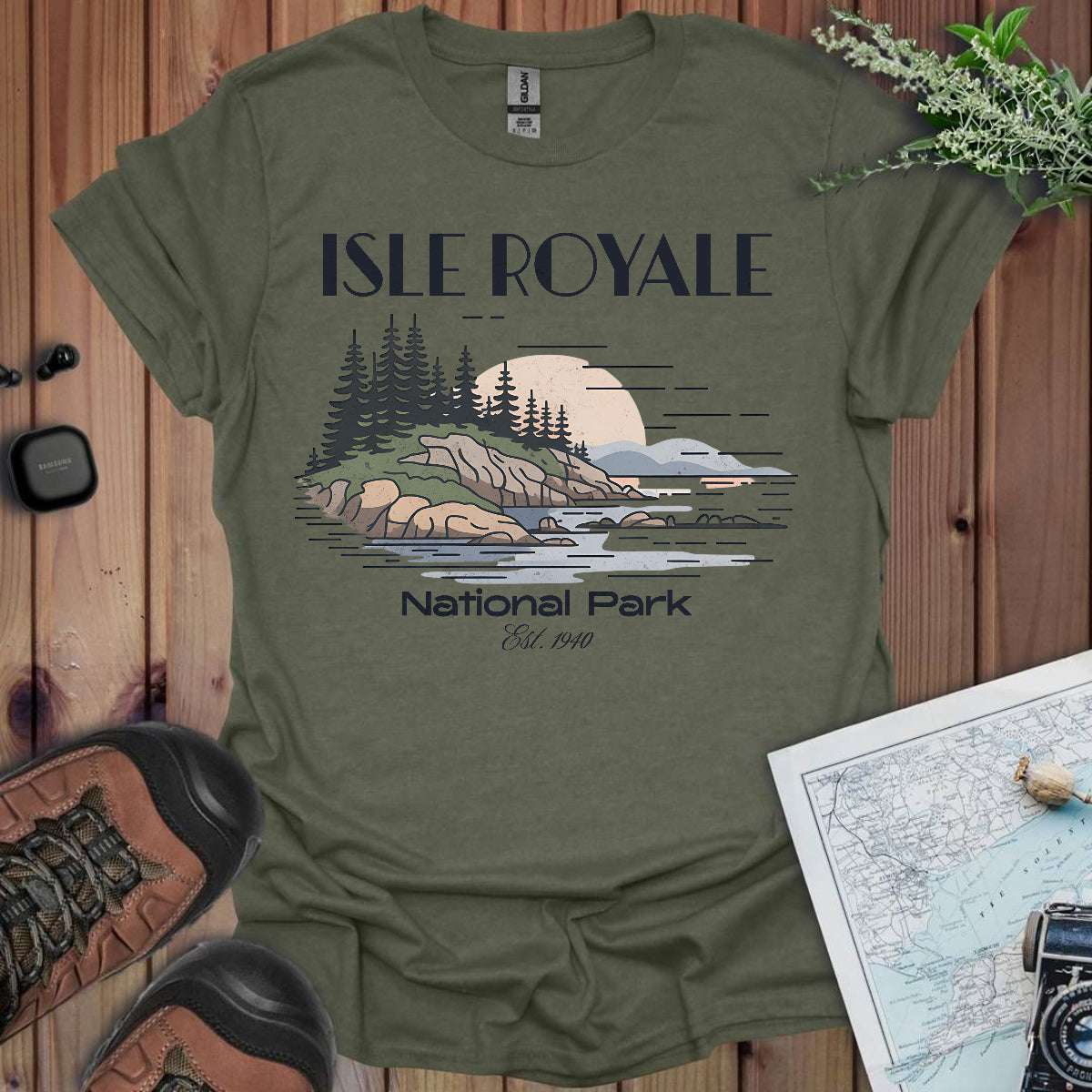 Isle Royale Superior Lines National Park Unisex T-Shirt T-Shirt Printify Heather Military Green S