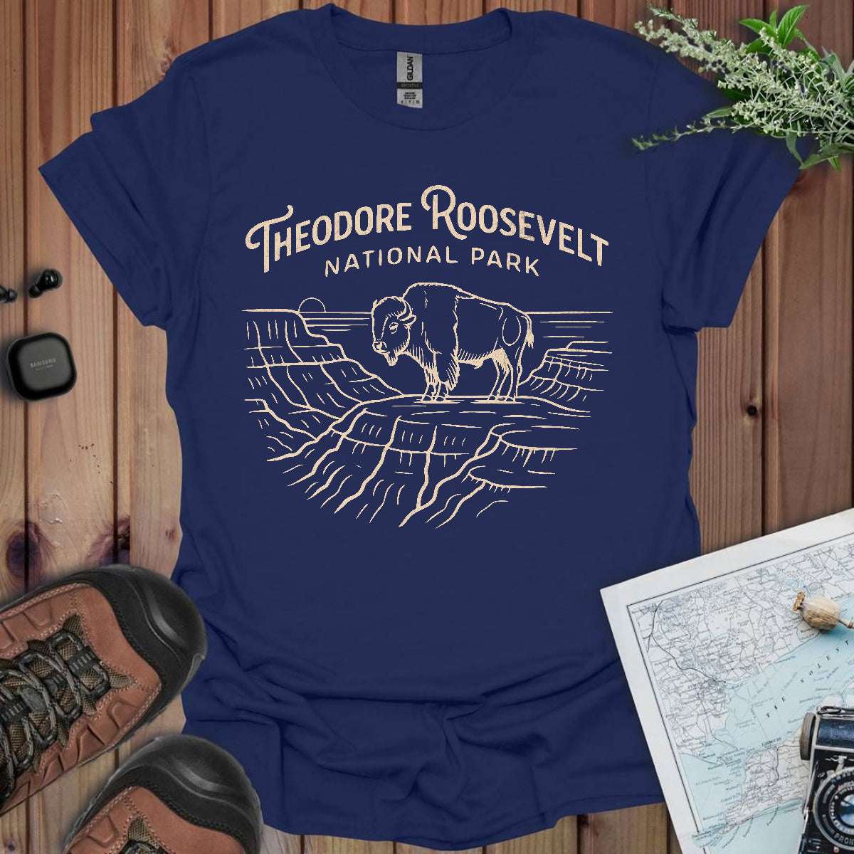 Theodore Roosevelt National Park Line Art Unisex T-Shirt T-Shirt Printify Navy S