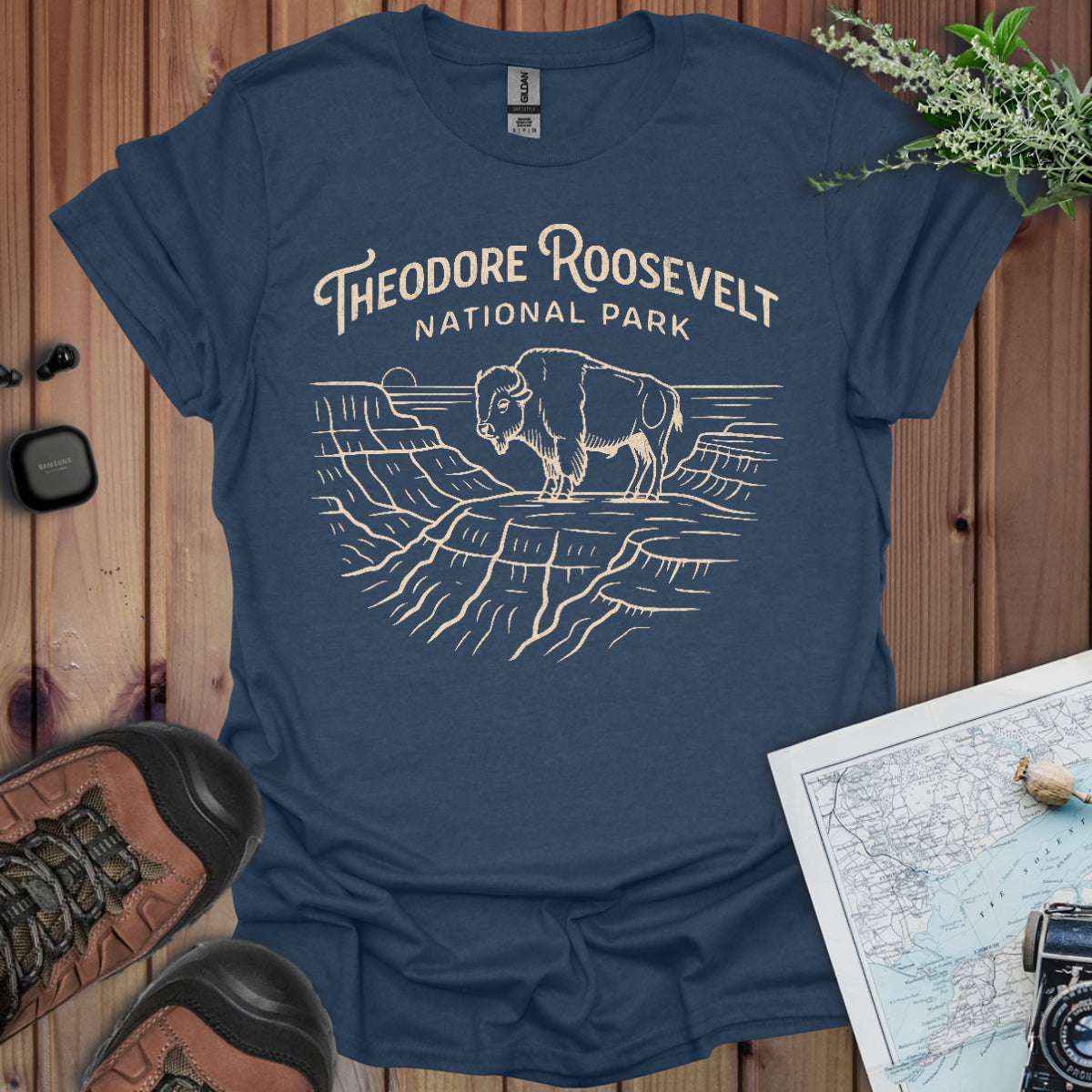 Theodore Roosevelt National Park Line Art Unisex T-Shirt T-Shirt Printify Heather Navy S