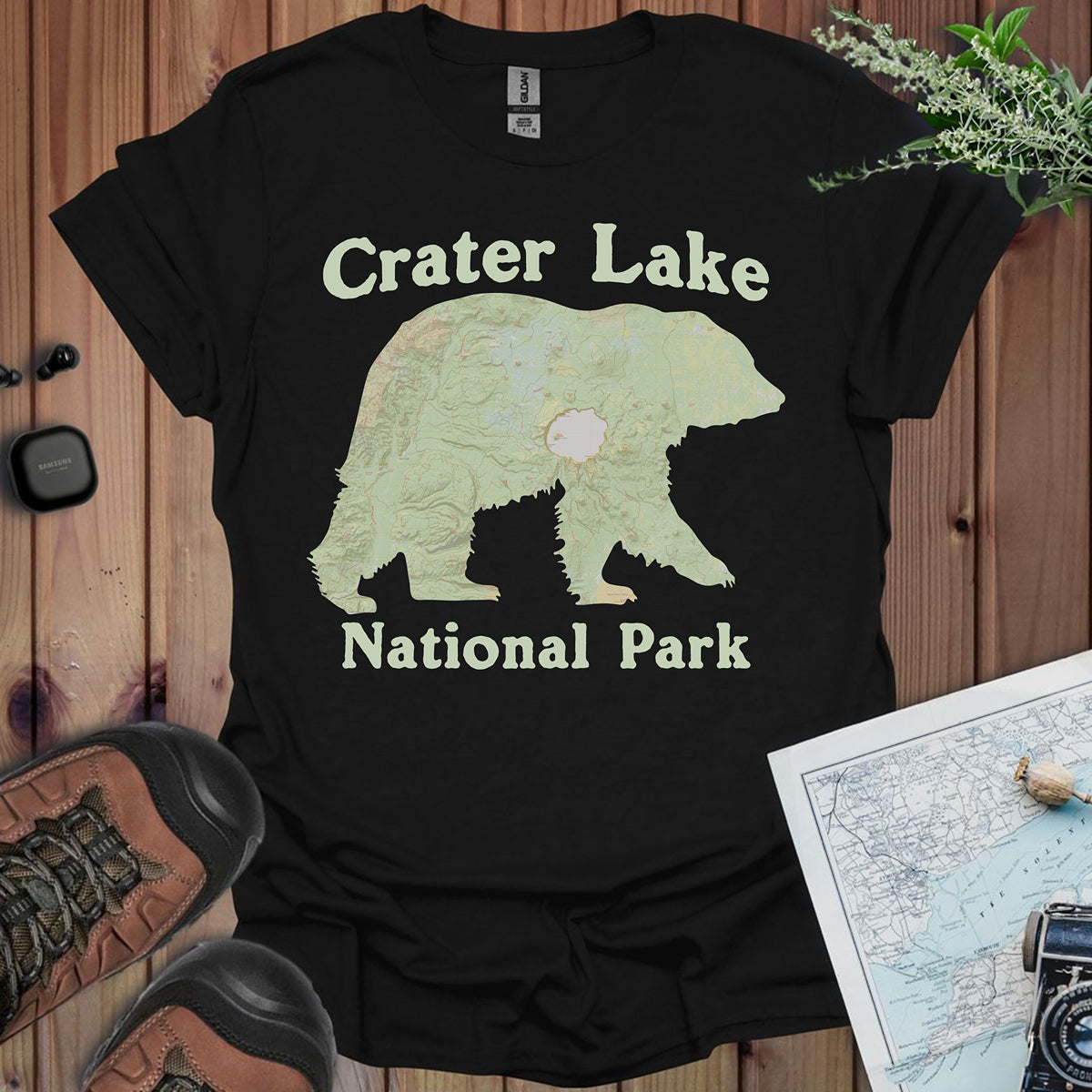 Crater Lake Topographic Bear Map National Park Unisex Fit Soft T-Shirt Printify