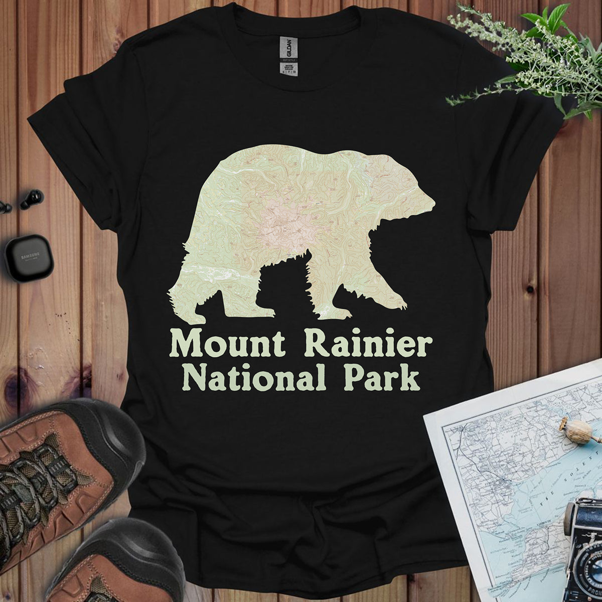 Mount Rainier National Park Topographic Map Bear Unisex Fit Soft T-Shirt Printify