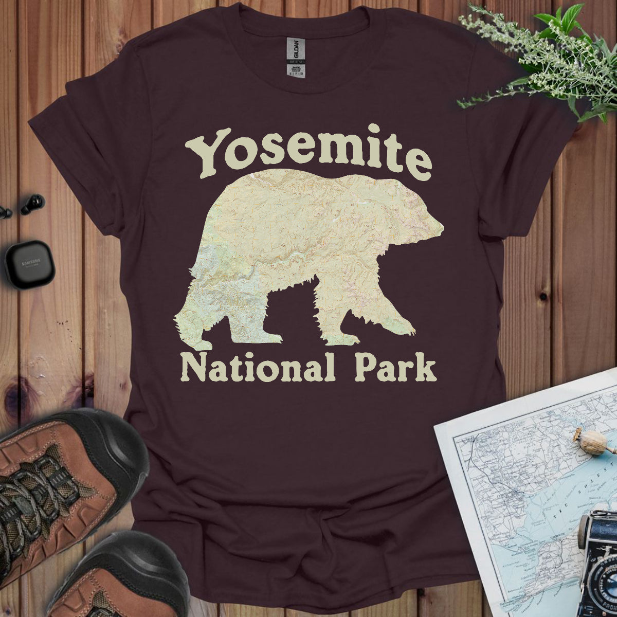 Yosemite National Park  Topographic Map Bear Unisex Fit Soft T-Shirt Printify
