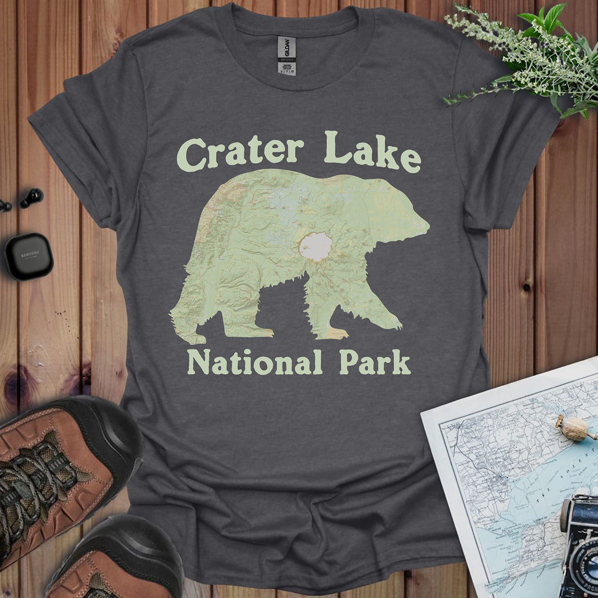 Crater Lake Topographic Bear Map National Park Unisex Fit Soft T-Shirt Printify