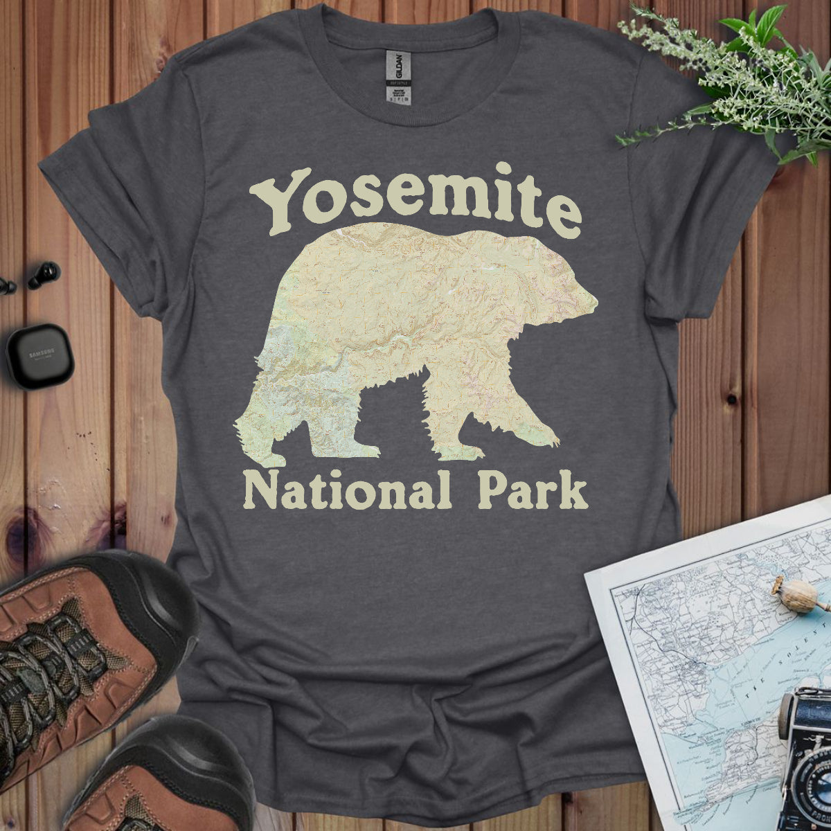 Yosemite National Park  Topographic Map Bear Unisex Fit Soft T-Shirt Printify