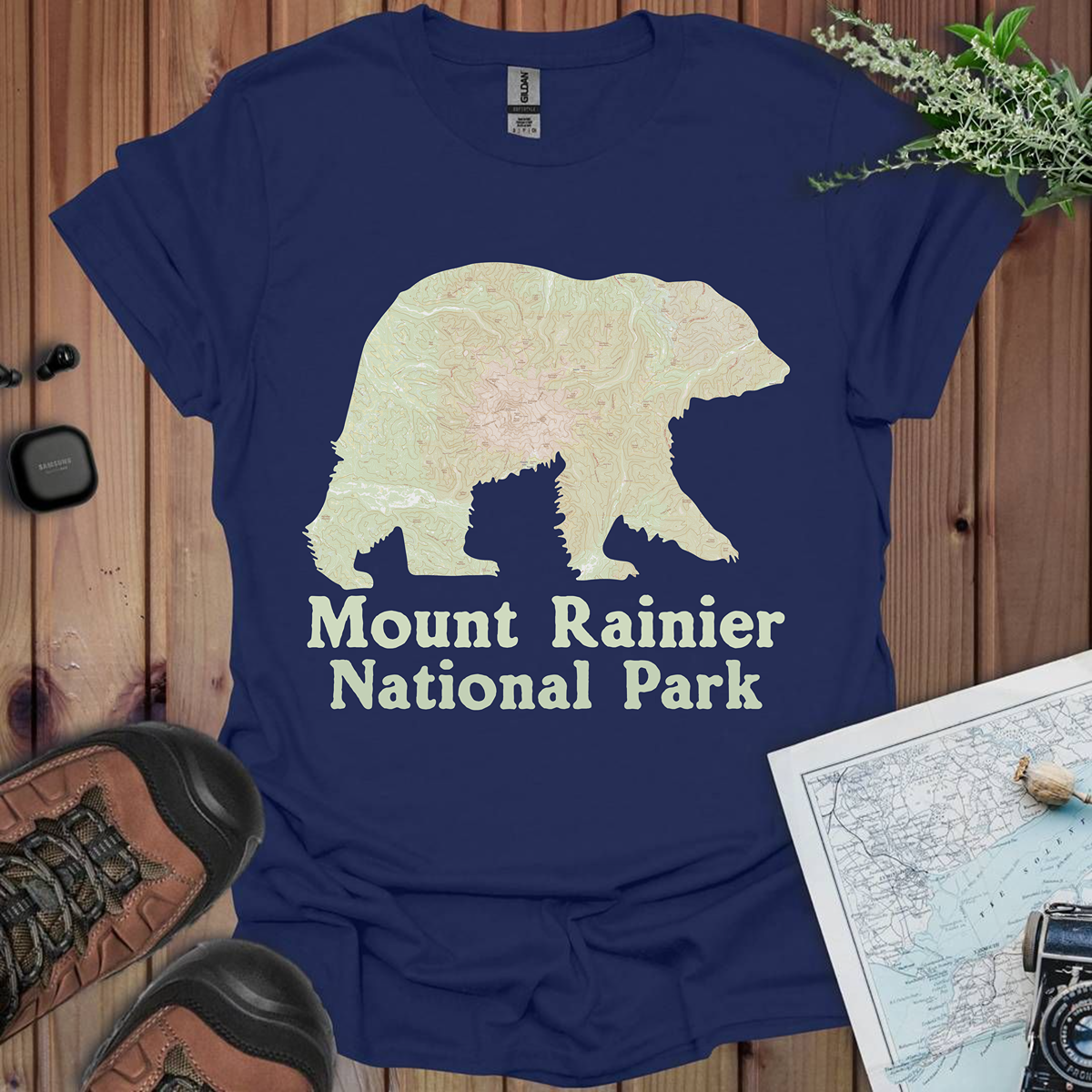 Mount Rainier National Park Topographic Map Bear Unisex Fit Soft T-Shirt Printify