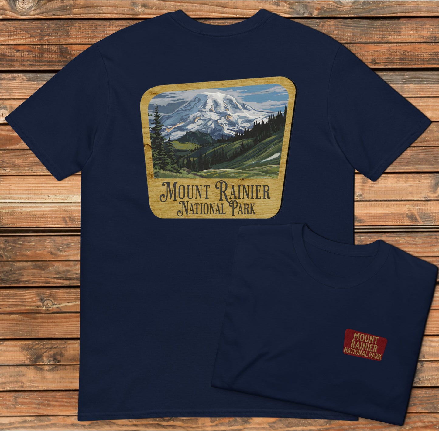Mount Rainier Park Sign Unisex Fit Soft Tee Embroidered Front with Back Print Park Service Apparel