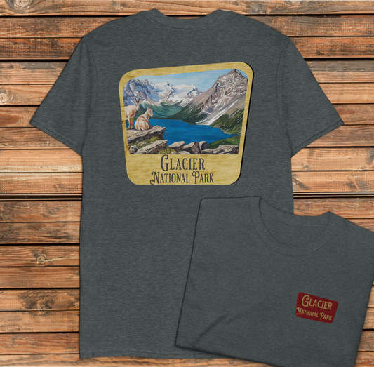 Glacier National Park Sign Unisex Soft Fit T-shirt Embroidered Front with Printed back Park Service Apparel