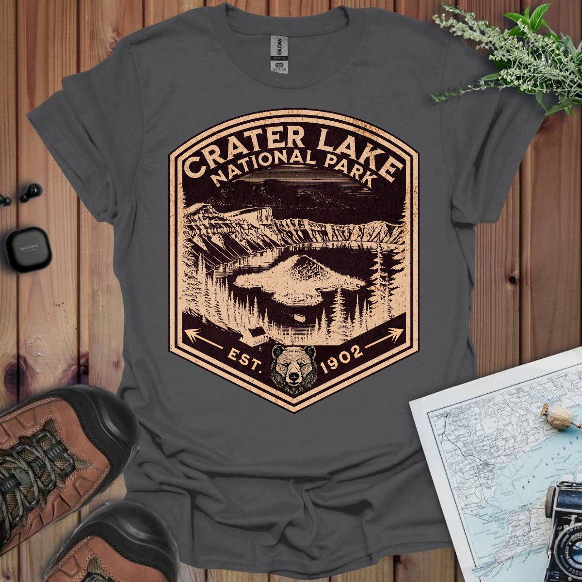 Crater Lake National Park Unisex Fit Soft T-Shirt Rustic Mountain Shield Tee Printify
