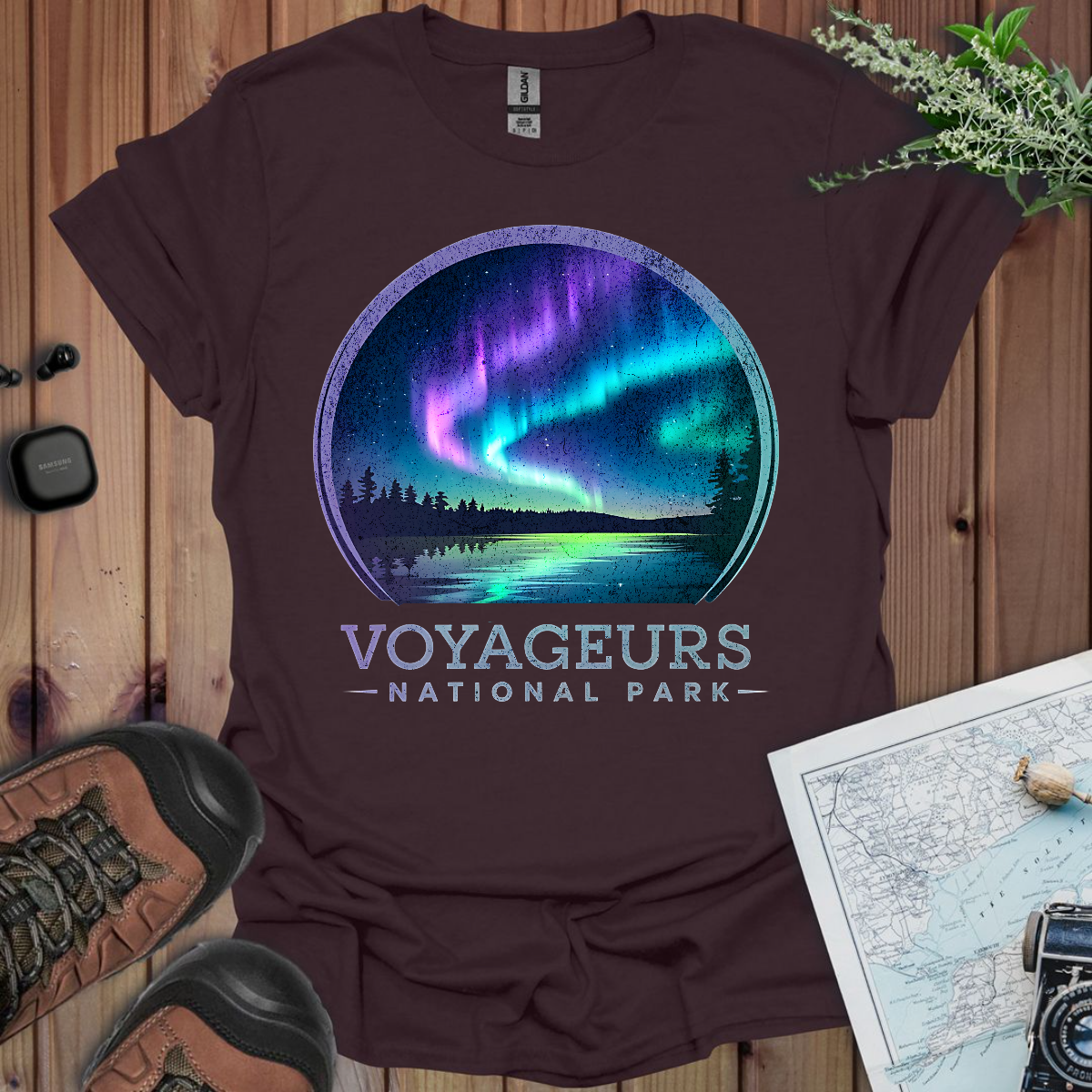 Voyageurs National Park Rustic Unisex Fit Soft T-Shirt Northern Lights Aurora Borealis Printify
