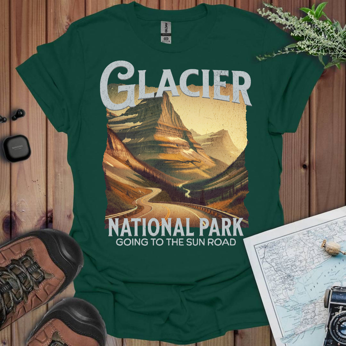 Glacier National Park Unisex Fit Soft T-Shirt Rustic Going to the Sun Road Printify