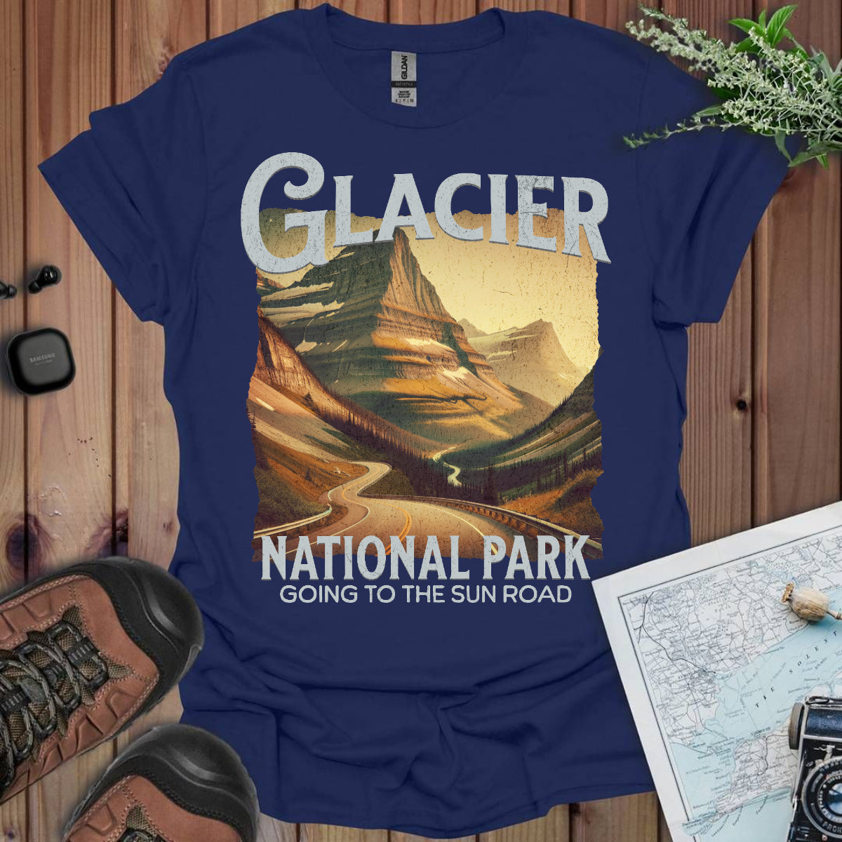Glacier National Park Unisex Fit Soft T-Shirt Rustic Going to the Sun Road Printify