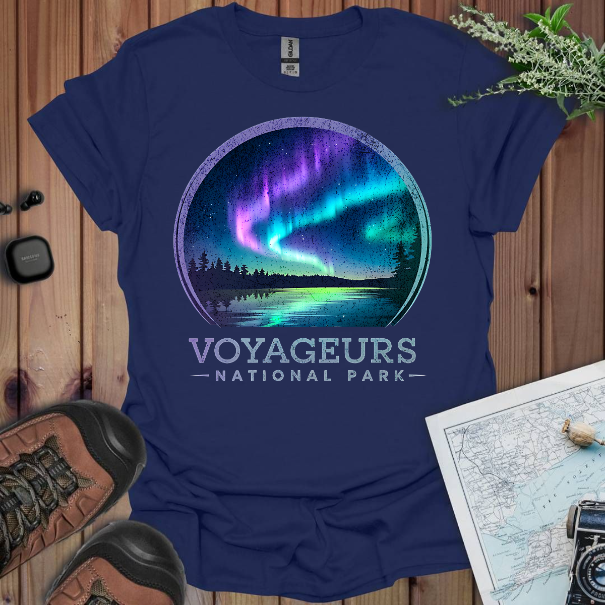 Voyageurs National Park Rustic Unisex Fit Soft T-Shirt Northern Lights Aurora Borealis Printify