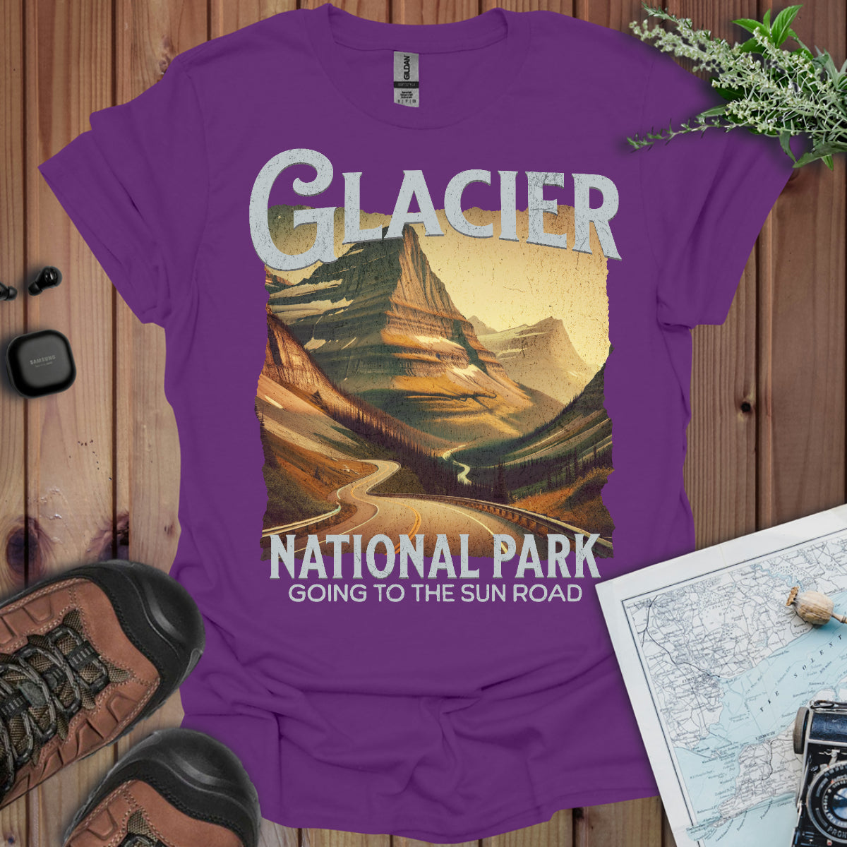 Glacier National Park Unisex Fit Soft T-Shirt Rustic Going to the Sun Road Printify